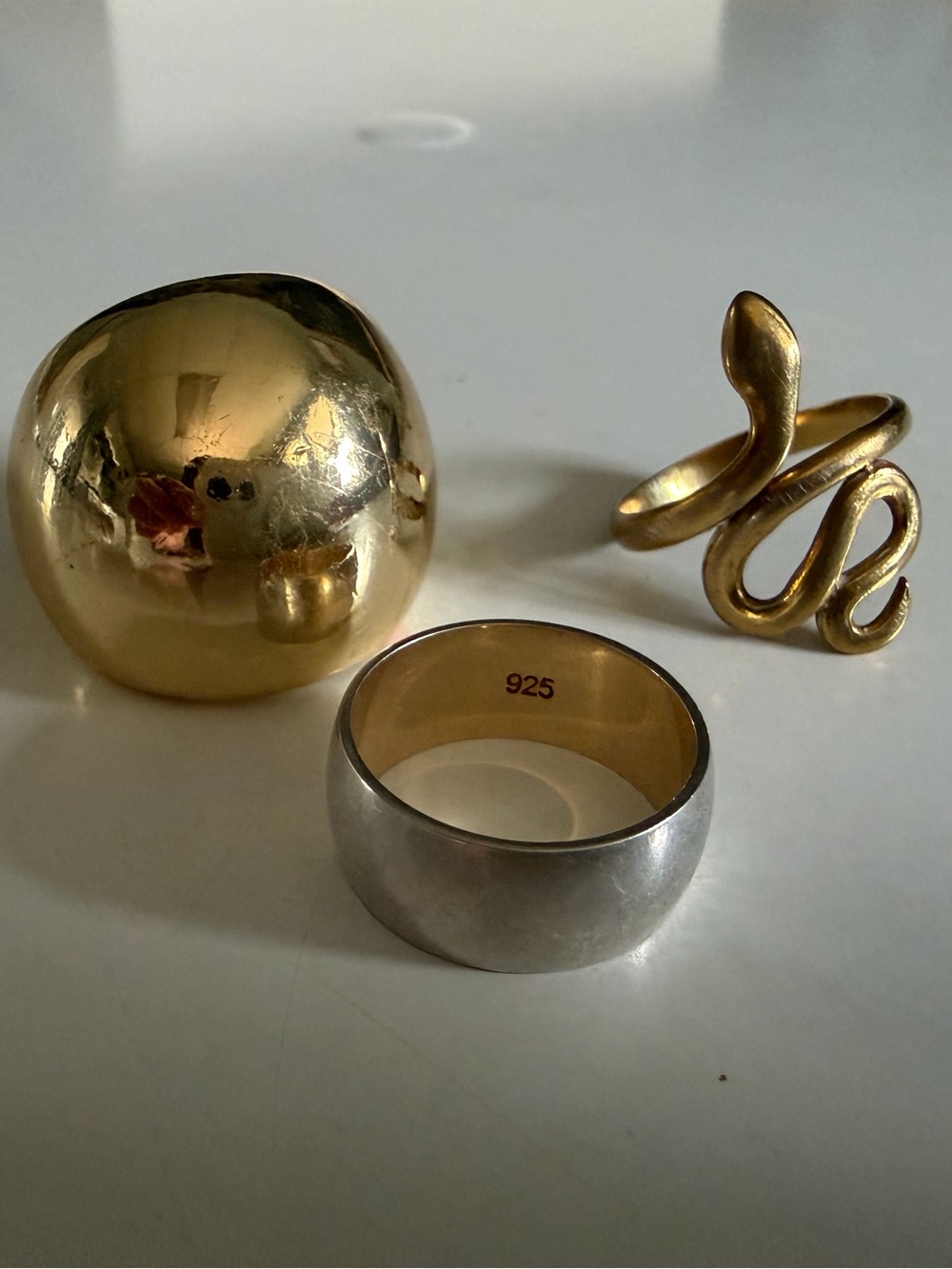 925 Sterling Silver Wide Band Ring + 14kt Gold Plated Snake & Dome Accent Rings
